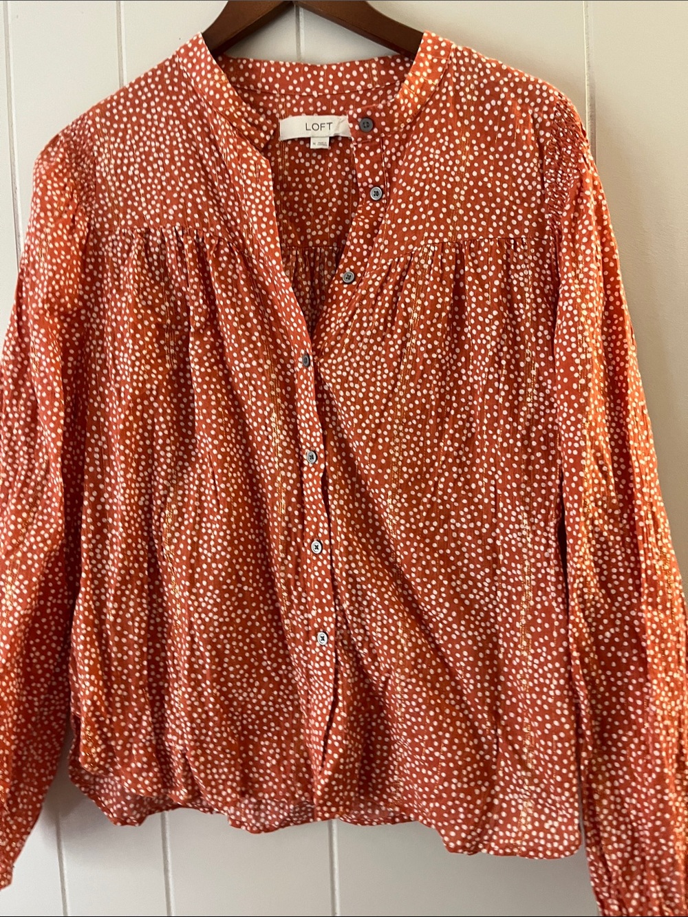 LOFT Rust Orange Dot Button-Front Blouse - Picture 10 of 13